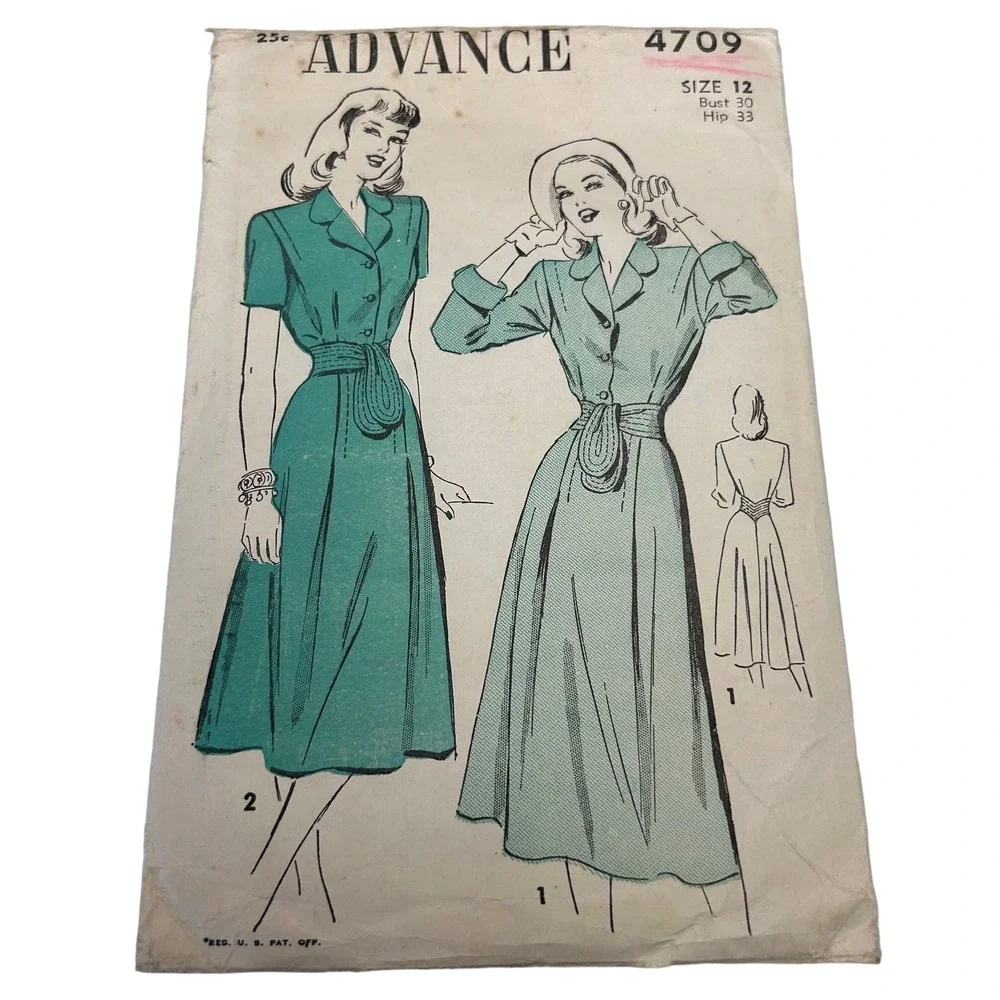 Advance Vintage 1940's Pattern #4709‎ Women's Dress Size 12